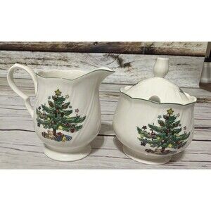 Nikko HAPPY HOLIDAYS: Creamer and Sugar Bowl & Lid Christmas Tree Japan